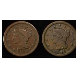 (2) 1848 BRAIDED HAIR LARGE CENT