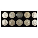 (10) 90% SILVER FRANKLIN HALF DOLLARS