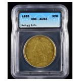 1855 KELLOGG $20 GOLD COIN ICG AU55