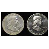 (2) 90% SILVER 1960 FRANKLIN HALF DOLLARS PROOF BU