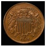 1867 TWO CENT PIECE CH BU RED