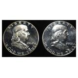 (2) 90% SILVER 1962 FRANKLIN HALF DOLLARS PROOF BU