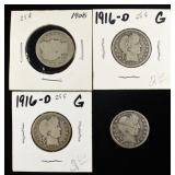 1896, 1908 & (2) 1916-D BARBER QUARTERS