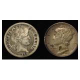 1899-O BARBER DIME VG & 1926 MERCURY DIME XF