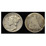 1877-CC SEATED & 1931-S MERCURY DIMES VF