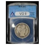 1915 BARBER HALF DOLLAR ANACS VG8