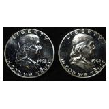 (2) 90% SILVER 1962 FRANKLIN HALF DOLLARS PROOF BU