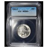 1962-D WASHINGTON QUARTER ICG MS66+