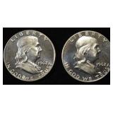 (2) 90% SILVER 1962 FRANKLIN HALF DOLLARS PROOF BU