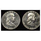 (2) 90% SILVER 1960 FRANKLIN HALF DOLLARS PROOF BU