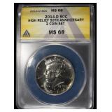 2014-D KENNEDY 50C ANACS HI-RELIEF 50TH ANNIV MS68