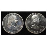 (2) 90% SILVER 1960 FRANKLIN HALF DOLLARS PROOF BU