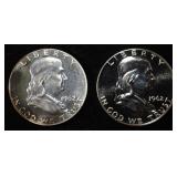 (2) 90% SILVER 1962 FRANKLIN HALF DOLLARS PROOF BU