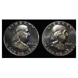 (2) 90% SILVER 1962 FRANKLIN HALF DOLLARS PROOF BU