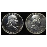 (2) 90% SILVER 1960 FRANKLIN HALF DOLLARS PROOF BU