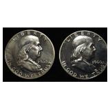 (2) 90% SILVER 1960 FRANKLIN HALF DOLLARS PROOF BU