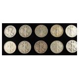 (10) 90% SILVER WALKING LIBERTY HALF DOLLARS