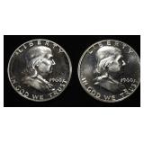 (2) 90% SILVER 1960 FRANKLIN HALF DOLLARS PROOF BU