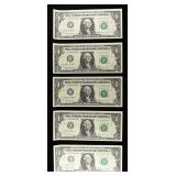 (5) CONSECUTIVE $1 FR STAR NOTES CU