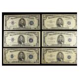 (6) $5 SILVER CERTIFICATES 1934 & 1953