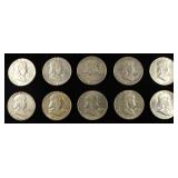 (10) 90% SILVER FRANKLIN HALF DOLLARS