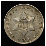 1852 3-CENT SILVER NICE AU/UNC
