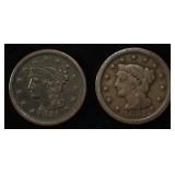 (2) 1851 BRAIDED HAIR LARGE CENTS