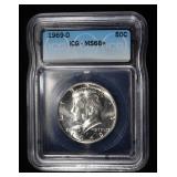1969-D KENNEDY HALF DOLLAR ICG MS66+