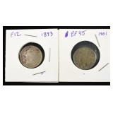 1893 FINE & 1901 XF LIBERTY V NICKELS