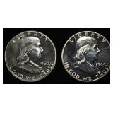 (2) 90% SILVER 1960 FRANKLIN HALF DOLLARS PROOF BU