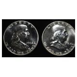 1962 & 1954 90% SILVER FRANKLIN HALVES PROOF BU