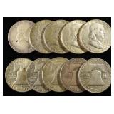 (10) 90% SILVER FRANKLIN HALF DOLLARS