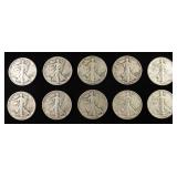 (10) 90% SILVER WALKING LIBERTY HALF DOLLARS