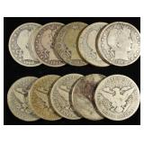 (10) BARBER HALF DOLLARS 90% SILVER