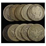 (10) BARBER HALF DOLLARS 90% SILVER