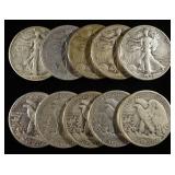 (10) 90% SILVER WALKING LIBERTY HALF DOLLARS