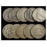 (10) 90% SILVER FRANKLIN HALF DOLLARS