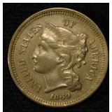 1869 3-CENT NICKEL VERY CH ORIG UNC