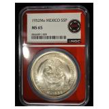 1952 5 PESOS MEXICO 72% SILVER NGC ME65