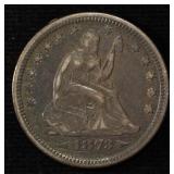 1873 ARROWS LIBERTY SEATED QUARTER LOVELY ORIG AU