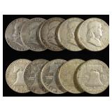(10) FRANKLIN HALF DOLLARS 90% SILVER
