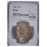 1887 MORGAN DOLLAR, NGC MS-64 COLOR