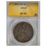 1841 SEATED DOLLAR ANACS EF45 NICE