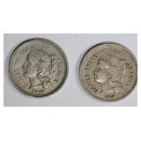 1865 AU & 1872 XF-AU THREE CENT NICKELS