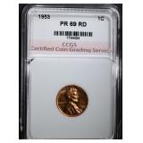 1953 LINCOLN CENT, CCGS SUPERB GEM PR+++ RED