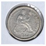 1864-S SEATED DIME, XF RARE LOW MINTAGE!