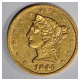 1845 $5 GOLD LIBERTY HEAD  CH BU