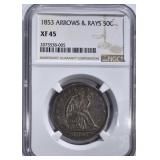 1853 ARROWS/RAYS SEATED 50c NGC XF45