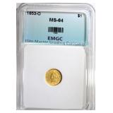 1853-O $1.00 GOLD, EMGC CH/GEM BU