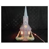 Vintage Lighted Ceramic Chapel Music Box w/ Base